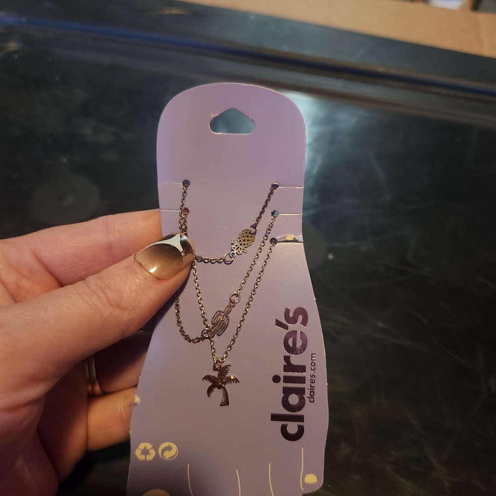 Claire's Silver Palm Tree, Cactus, And Pineapple Anklet Set